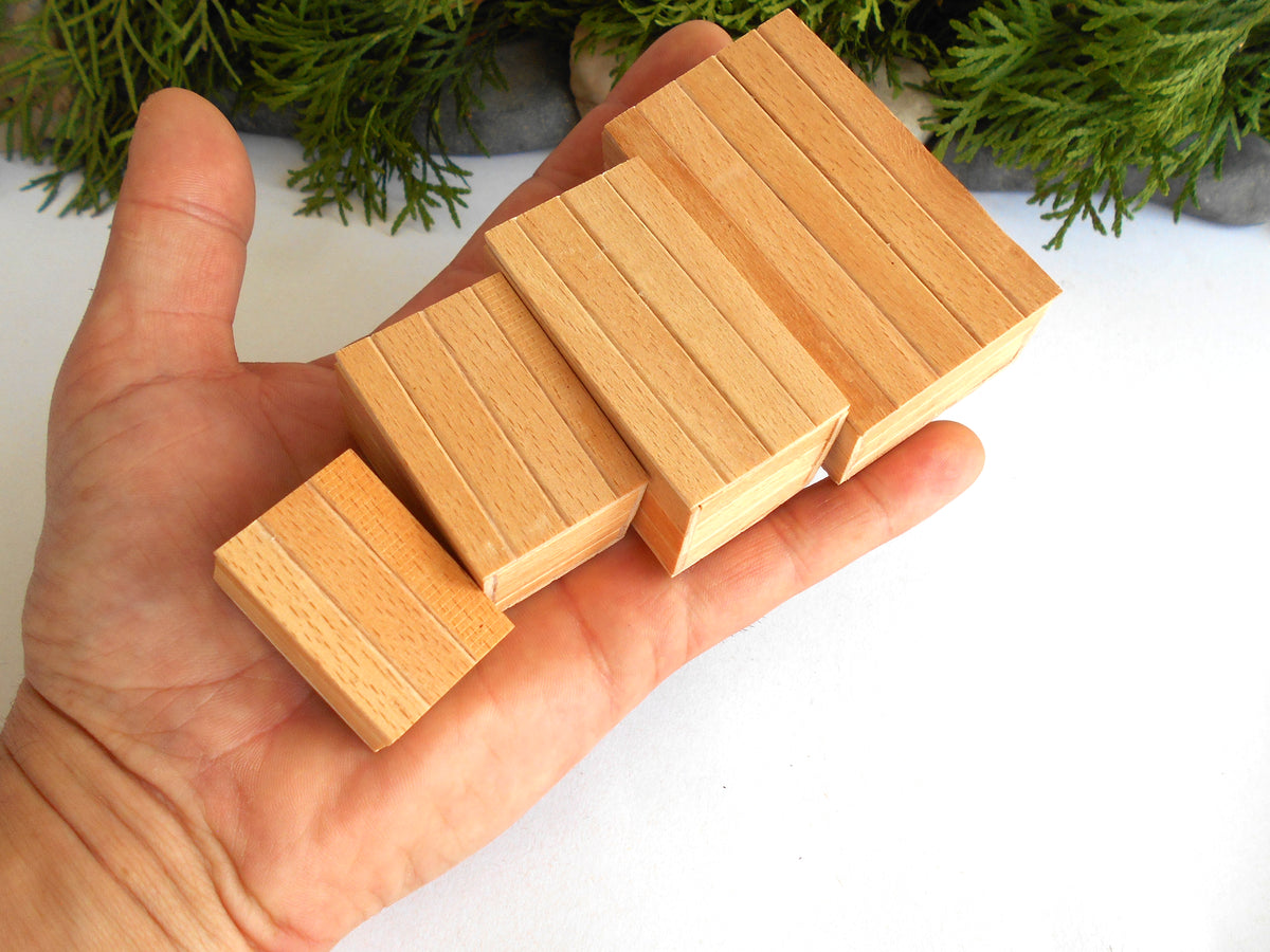 Four small rectangular wooden boxes  with a slatted design, held in a person's hand against a white background with green foliage at the top.