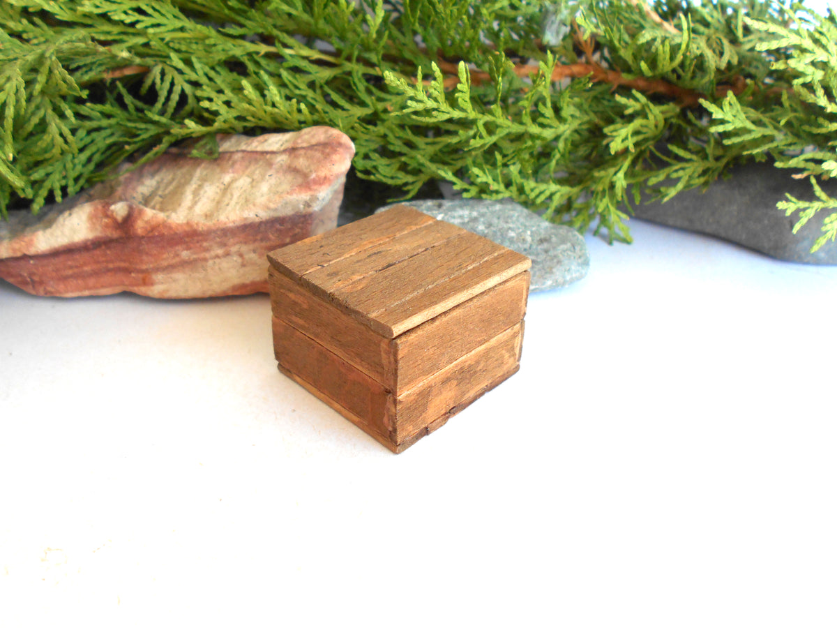 A small square wooden box with a lid, shown on a white surface with green foliage and decorative stones in the background.