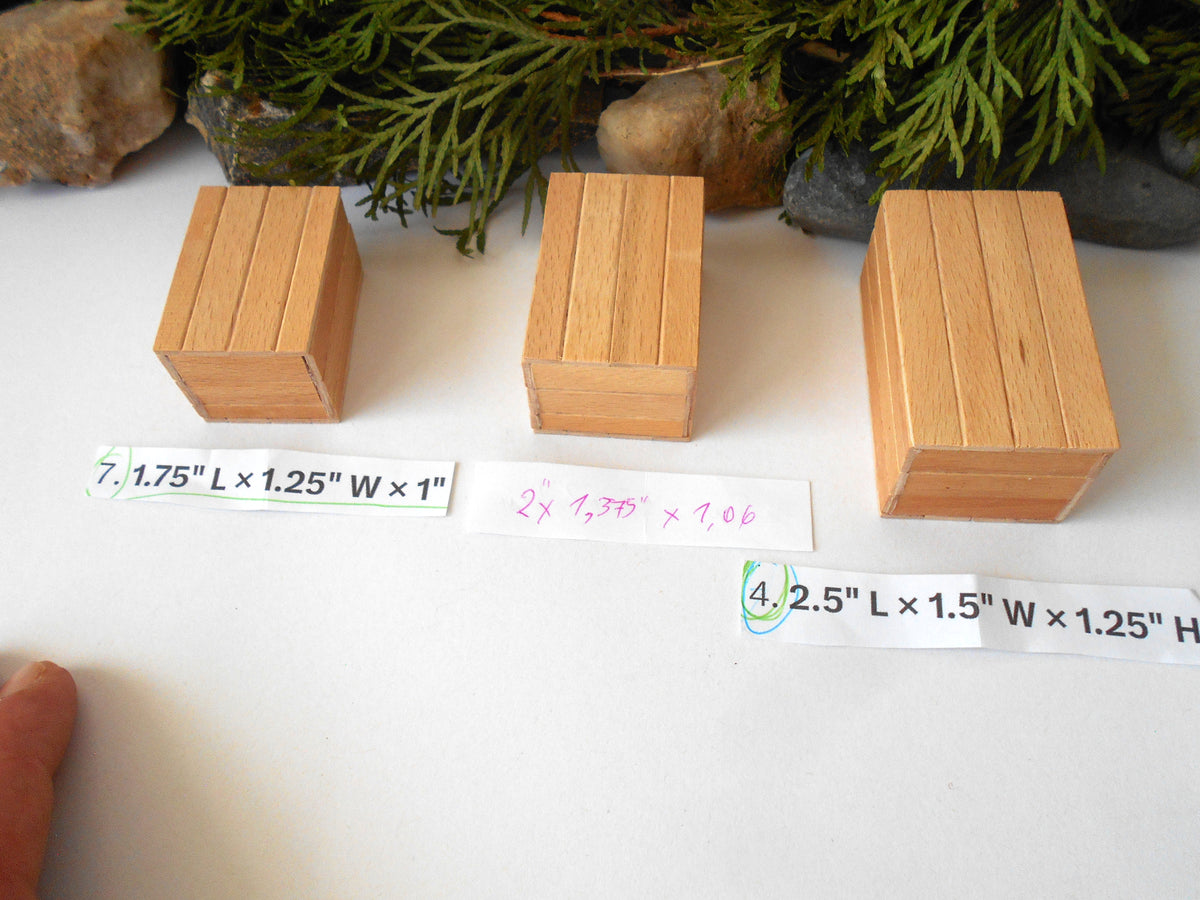Three small rectangular wooden boxes of different heights arranged on a white surface, with handwritten size labels below them and greenery in the background.