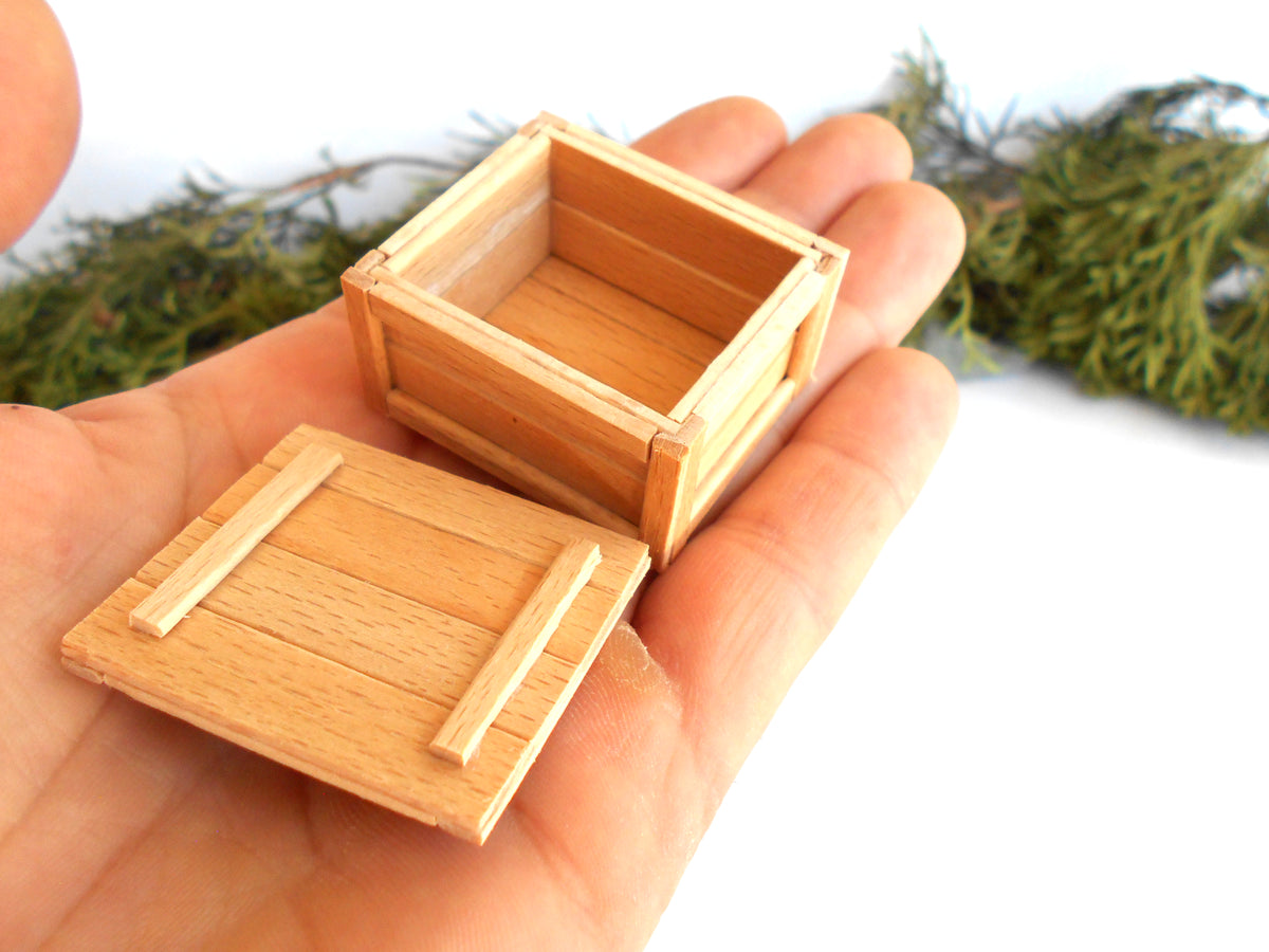 A miniature wooden box with its lid off, held in a person's hand. The box is made of light-colored wood with visible grain, and the background is a clean white with some blurred green foliage.