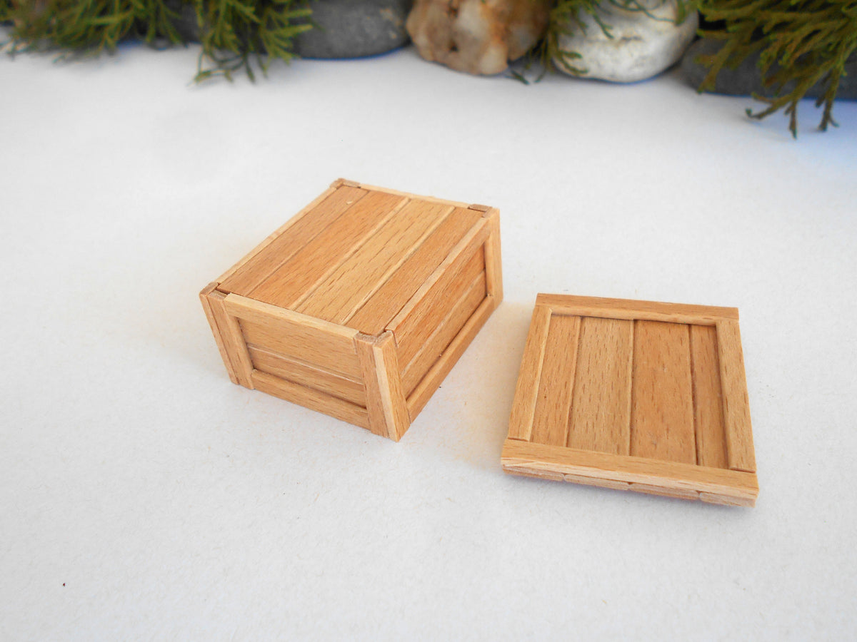 Two miniature wooden crates, one standing and one lying down, shown on a white surface with blurred green foliage in the background.