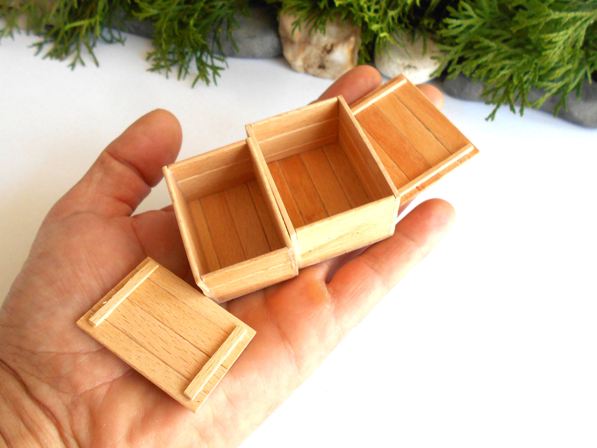 A miniature light wood box with a hinged lid, held in a person's hand. The box has three compartments and is shown against a white background with some green foliage and stones blurred in the distance.