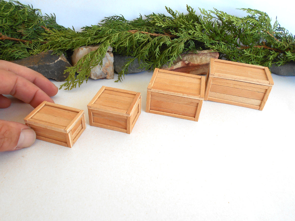 Four miniature light wood storage boxes of different sizes arranged on a white surface, with a hand holding one of the smaller boxes for scale and green foliage in the background.