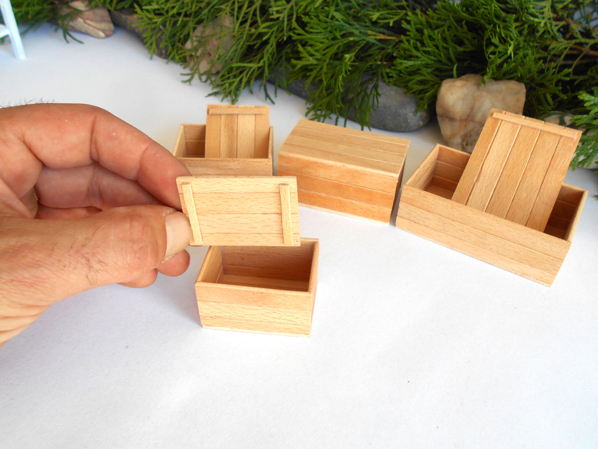 A hand holding a miniature light wood box lid next to several matching tiny wooden storage boxes on a white surface with green foliage in the background.