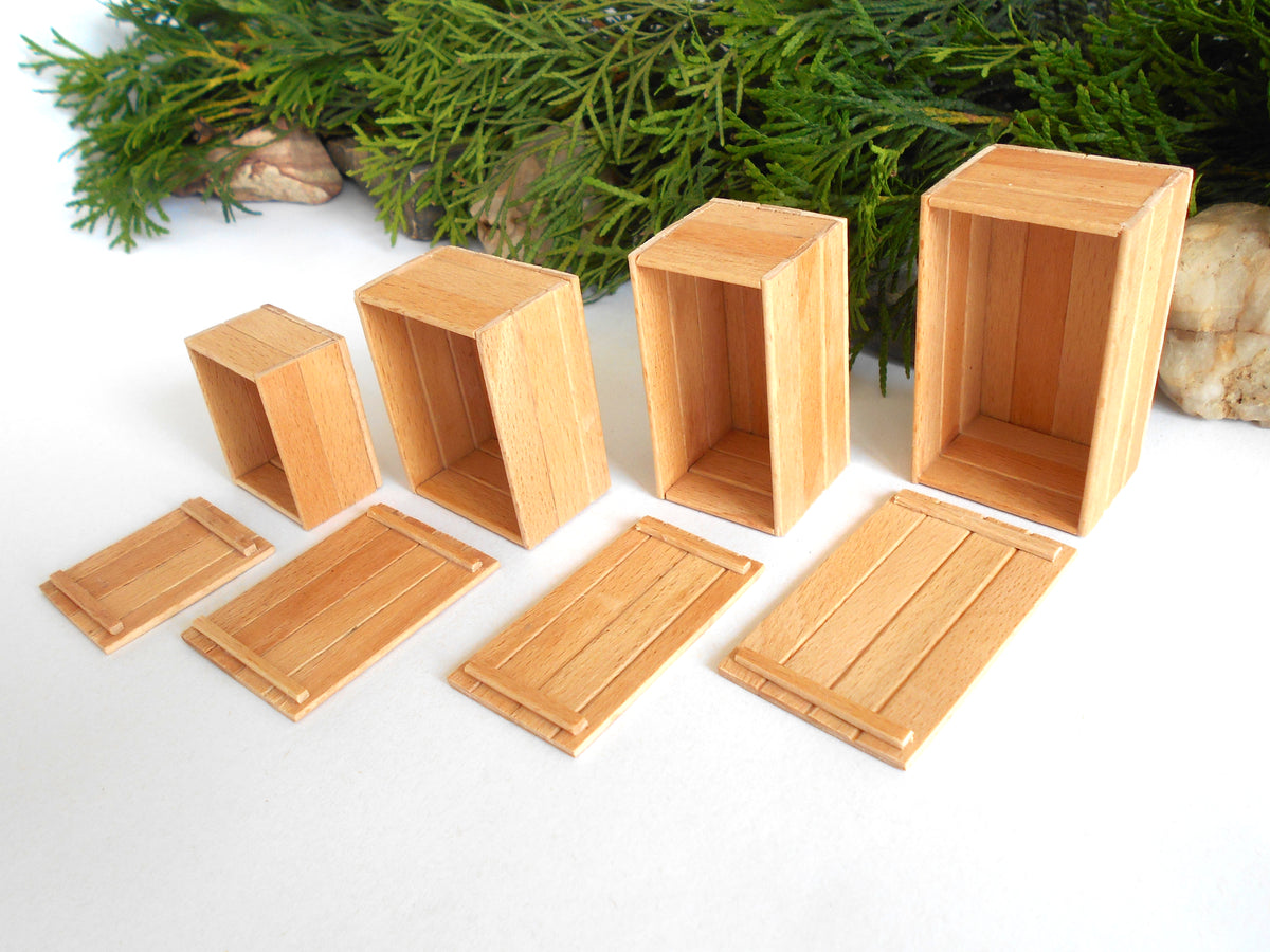 Miniature wooden handmade box set of 4- dollhouse 1/12th scale accessories- mini beech wood boxes with lids- Set Number 5