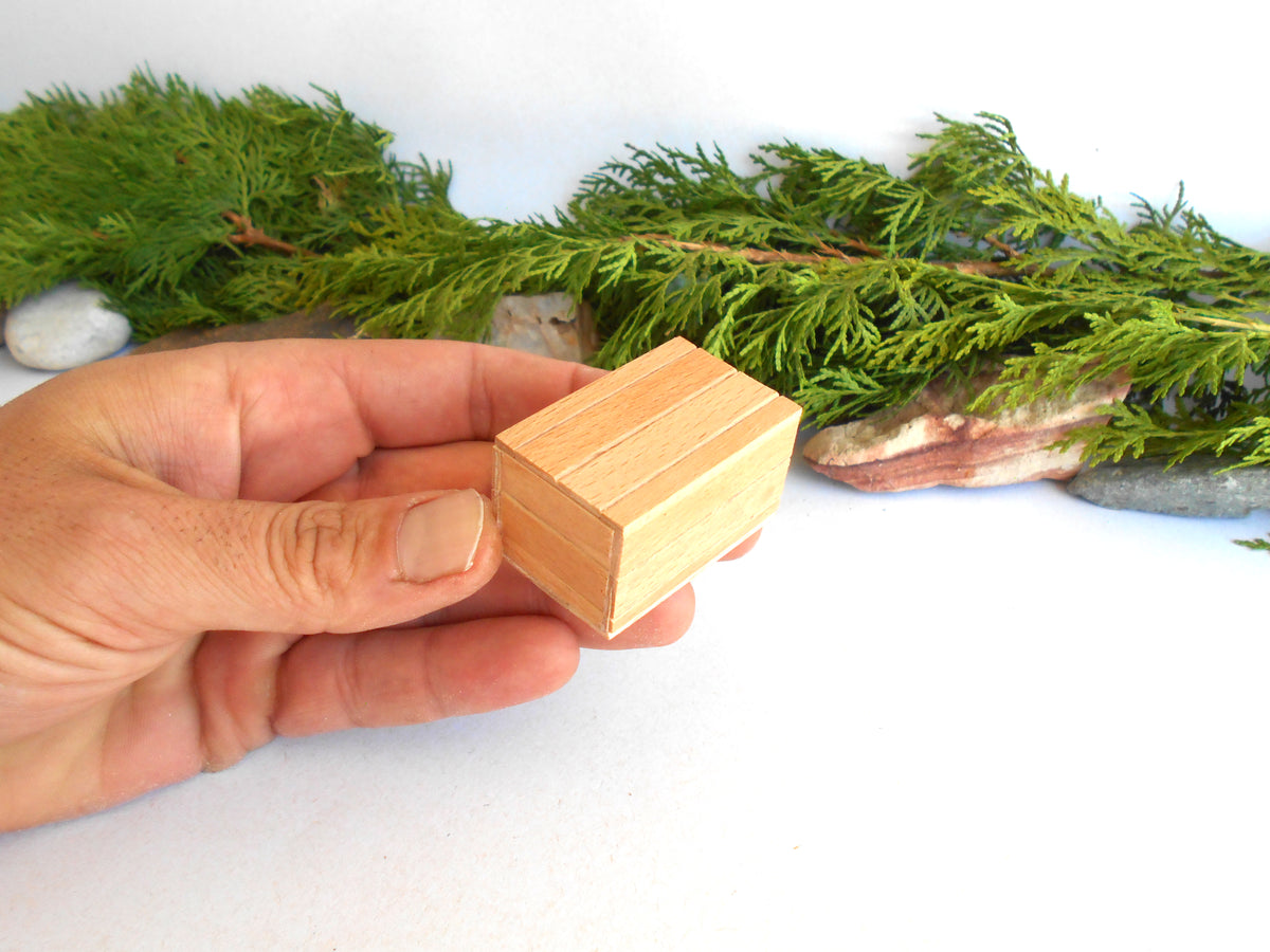 A hand holding a small, light-colored wooden box with a slatted front, set against a white background with green pine branches and small stones.