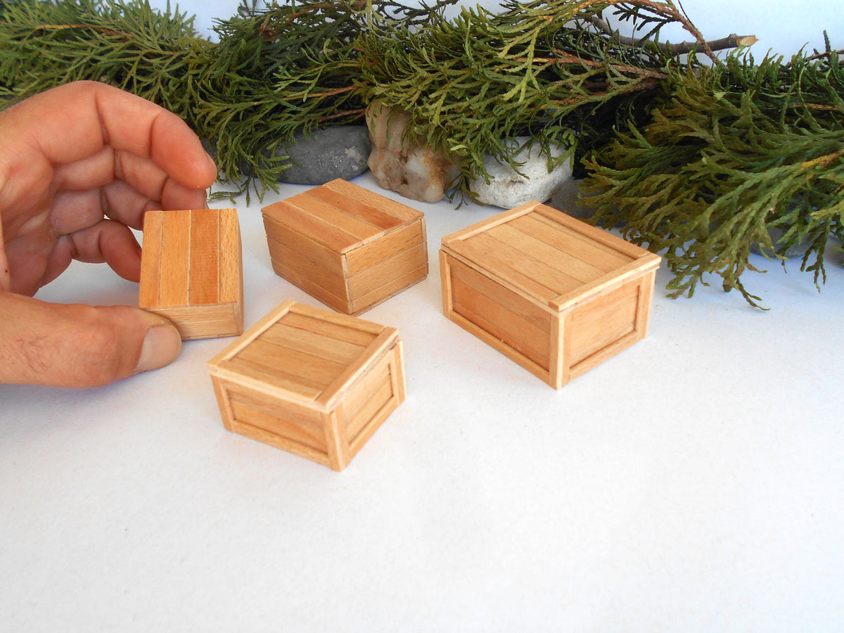 Four small unfinished light wood boxes arranged on a white surface, with a hand holding one box and greenery in the background.