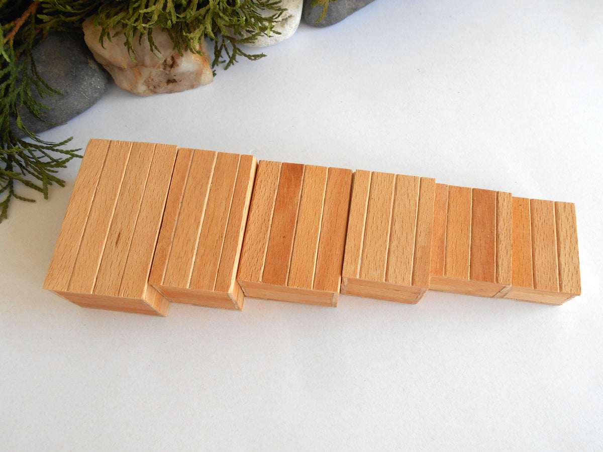 Six wooden rectangular miniature boxes arranged in a descending size sequence on a white surface, with decorative moss and stones in the top-left corner.