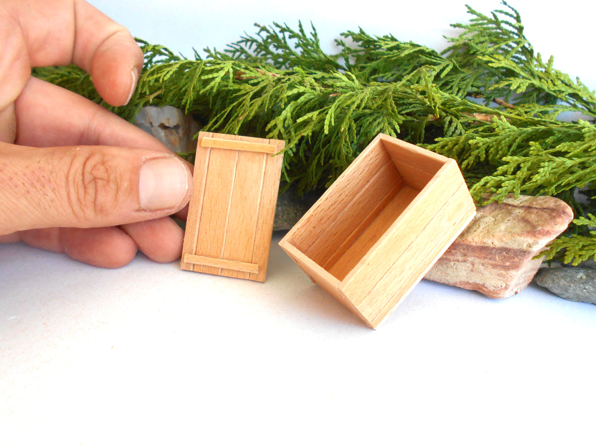 A hand holds a miniature light wood door panel next to an open matching miniature wooden box, with green foliage and small stones in the background.