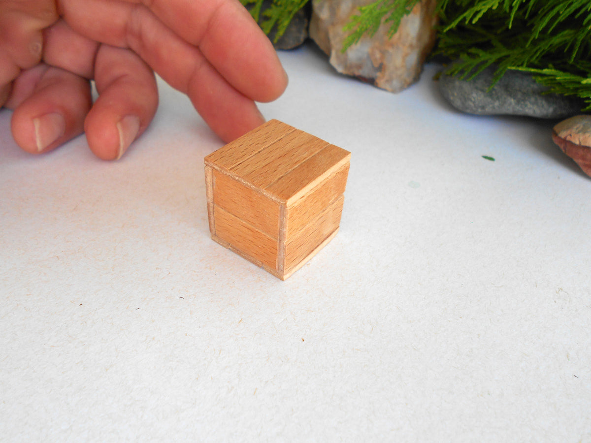 A small handcrafted wooden cube with visible wood grain, held by a person's fingers on a white surface with decorative rocks and greenery in the background.