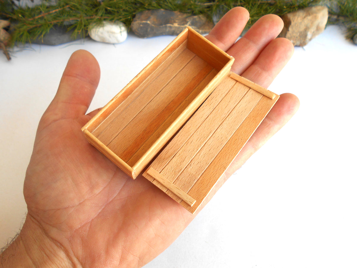 A hand holding a small rectangular wooden box with its lid removed, showing a light natural wood finish and slatted interior, against a white background with blurred greenery and stones.