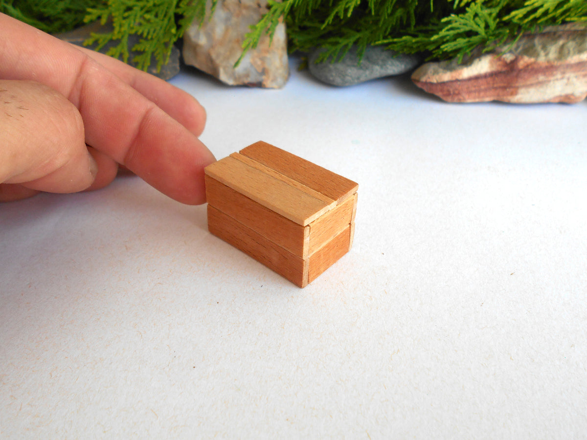 A miniature wooden box with a lid, shown next to a person's hand to demonstrate its small scale, set against a white surface with decorative greenery in the background.