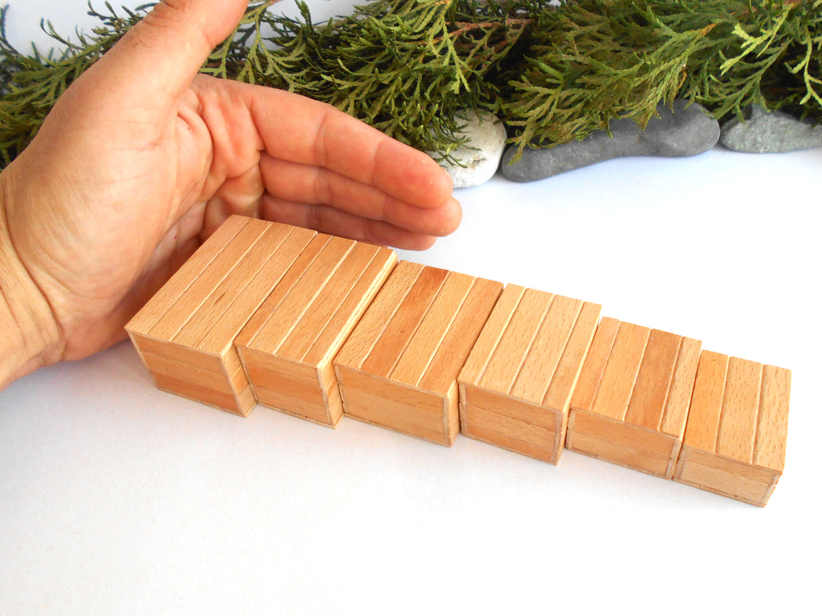 A hand is shown beside a row of small rectangular wooden miniature boxes on a white surface, with greenery and stones in the background.