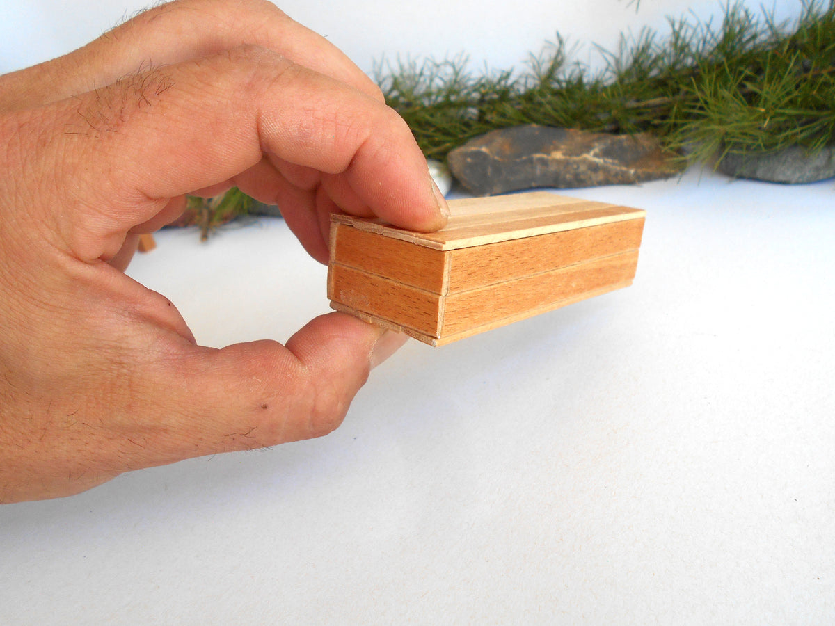 A hand holding a small rectangular wooden block with a smooth, light-colored finish against a white background with blurred greenery.