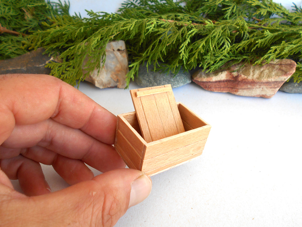 A hand holding a miniature light brown wooden box with a small door, set against a white surface with green foliage and rocks in the background.