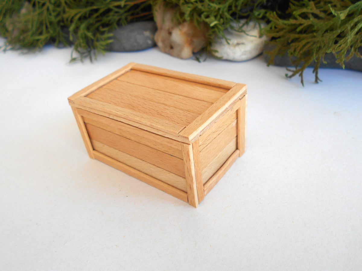 A miniature light wood box with a lid, photographed on a white surface with green foliage and small stones in the background.