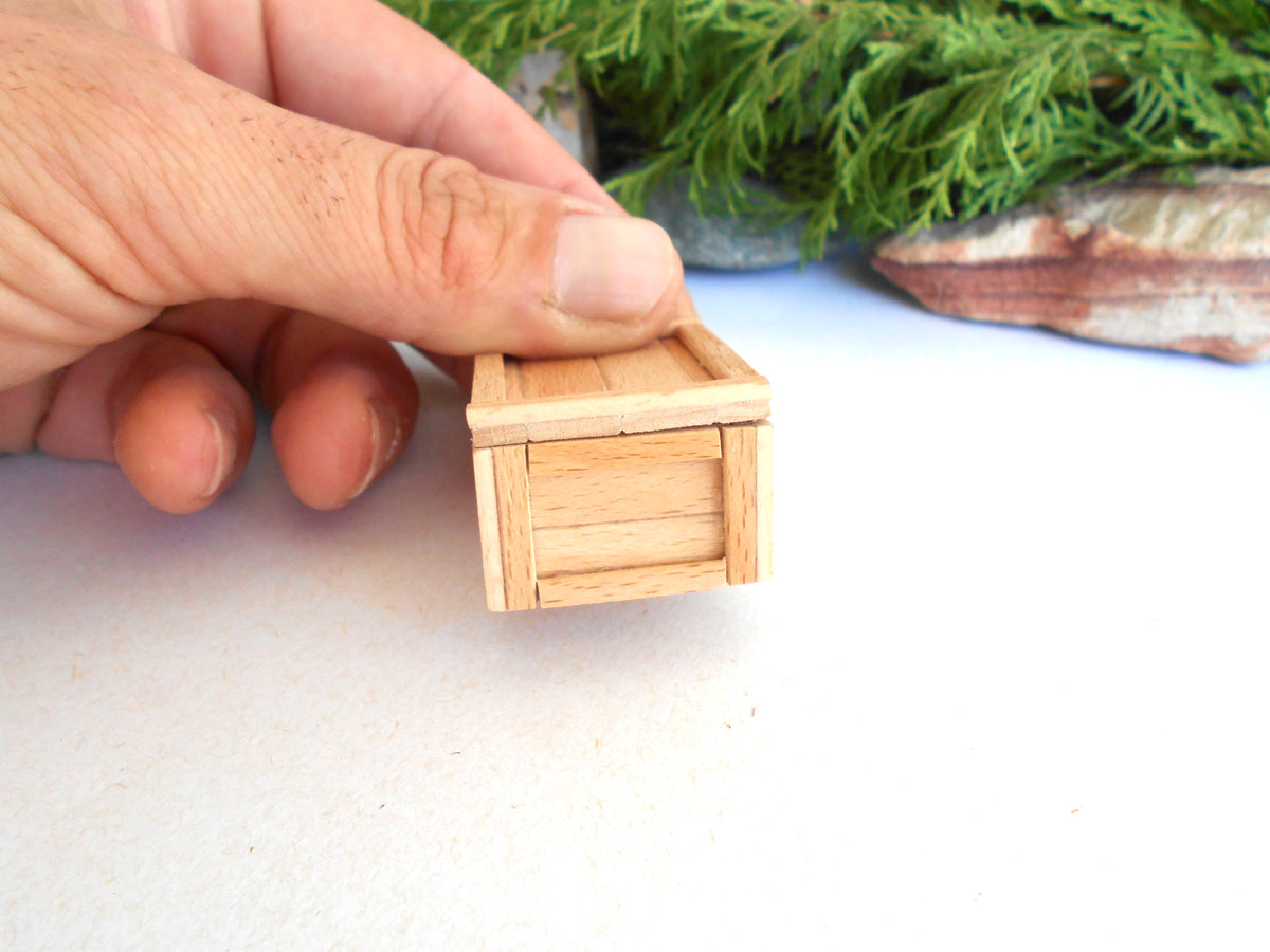 A close-up of a hand holding a miniature light wood crate, likely for dollhouse or model building use, against a white background with blurred green foliage.