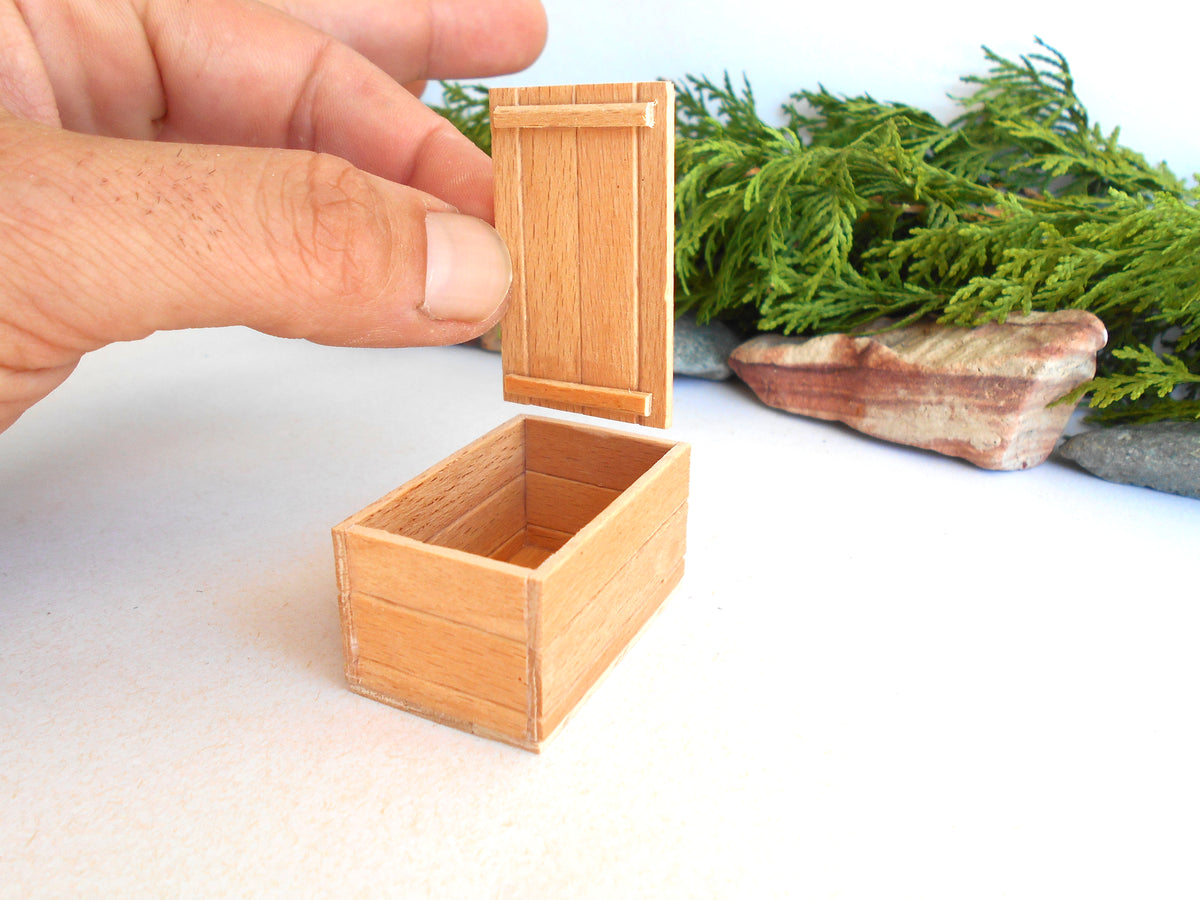 A miniature wooden box with its lid open, held by a human hand to show scale, with green foliage and a stone in the background.