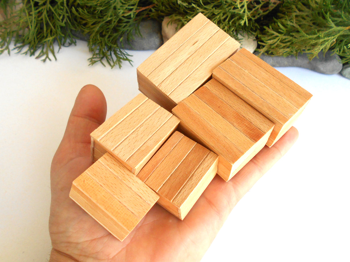 A hand holding a set of small rectangular wooden miniature boxes with visible wood grain, photographed against a white background with greenery at the top.