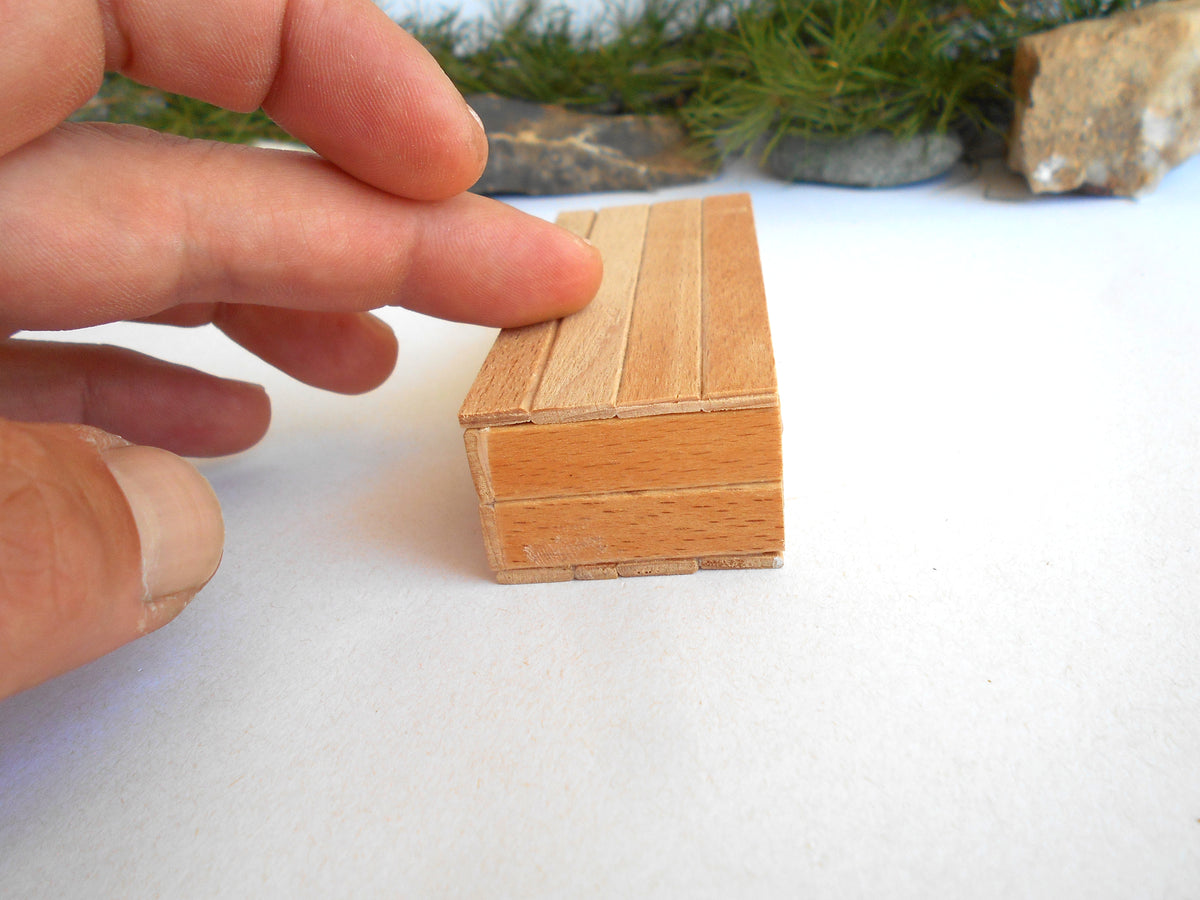 A miniature wooden box with a slatted top, held by a person's hand to show its small scale, set against a white surface with blurred greenery in the background.