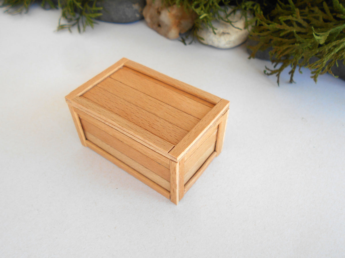 A small rectangular wooden box with a slatted lid, photographed on a white surface with blurred greenery in the background.