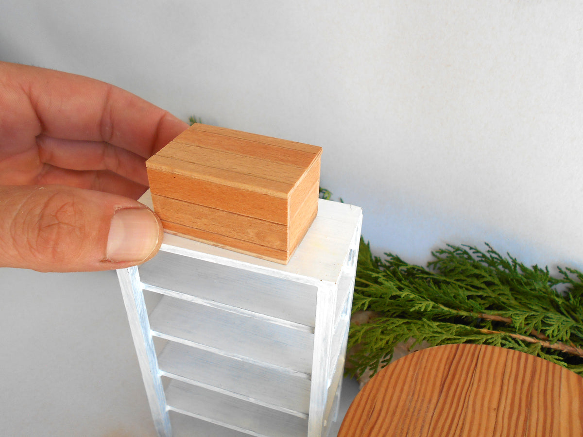 A hand holding a small light brown wooden box on top of a miniature white shelf, with green foliage and a wooden surface in the background.