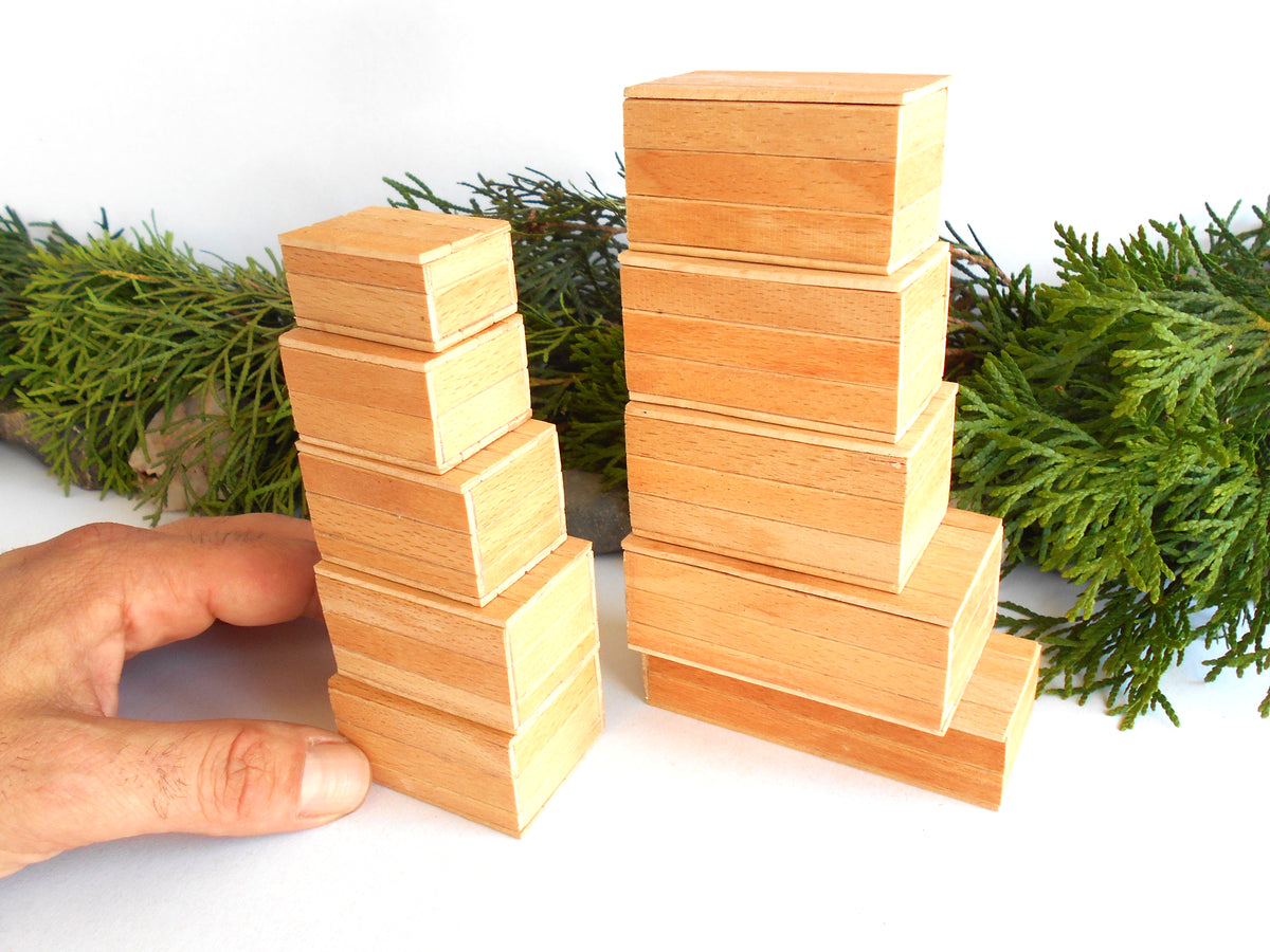 Two stacks of small rectangular wooden boxes in a light natural wood tone, with a hand holding the left stack and green foliage behind them on a white background.