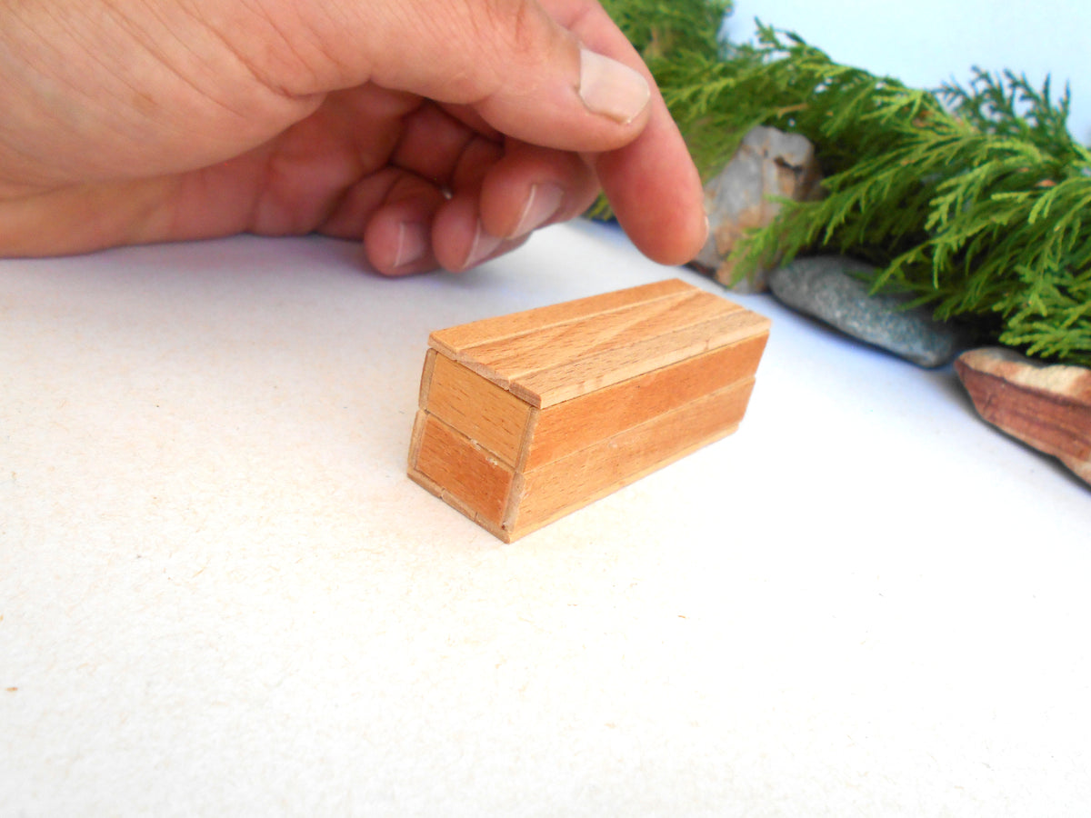 A small rectangular wooden miniature box with a light natural wood finish sits on a white surface, with a person's hand hovering above it and green foliage in the background.