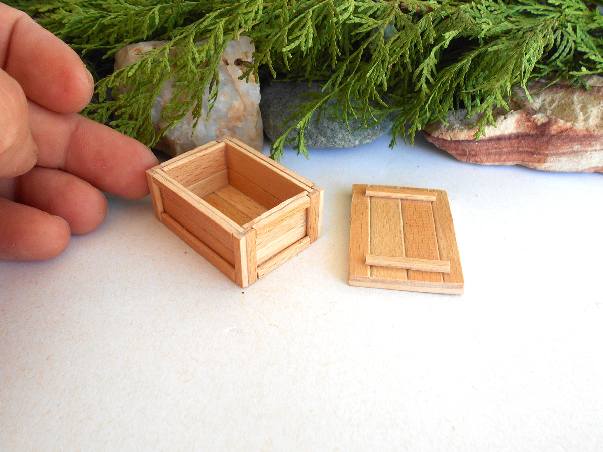 A miniature wooden crate box and its matching lid, shown with a human hand holding the crate to indicate scale, set against a background of green foliage and rocks.