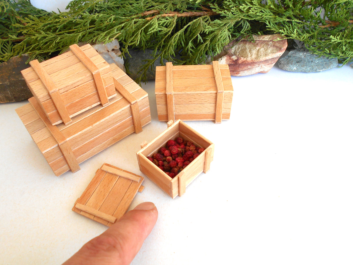 A set of miniature wooden crates and boxes, including one open box filled with small red berries, displayed on a white surface with a hand pointing to one of the boxes for scale. Green foliage and rocks are visible in the background.