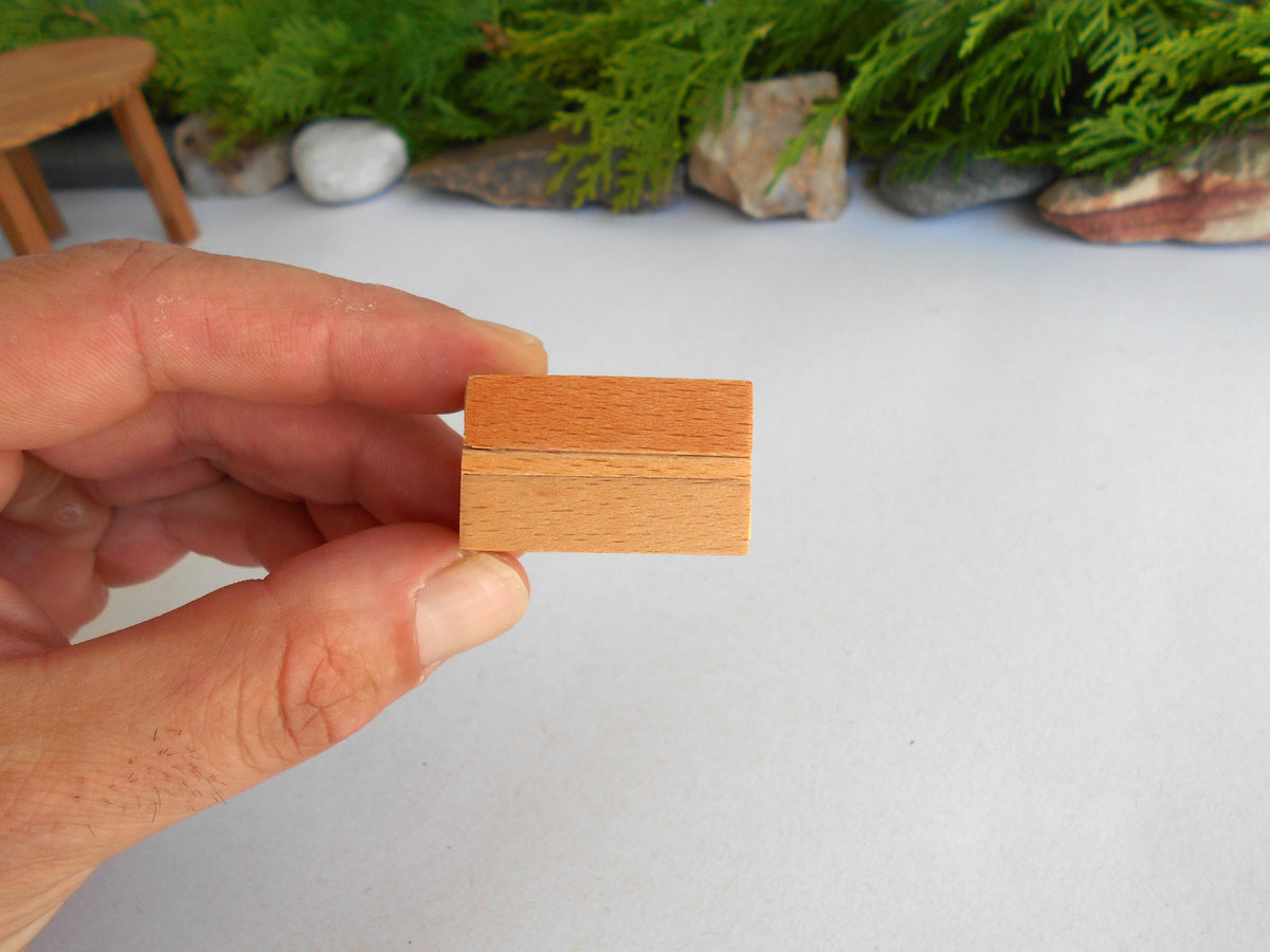 A hand holding a small, square, light-colored wooden box with a visible wood grain texture against a white background with blurred green foliage and stones.