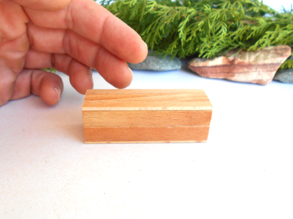 A small rectangular wooden mini box with visible wood grain, held by a person's hand against a white surface with green foliage in the background.