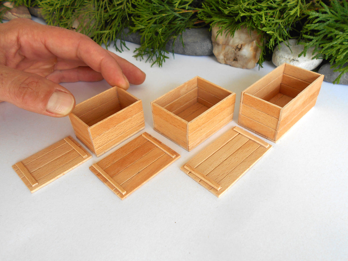 Six miniature light wood boxes and lids arranged on a white surface, with a person's hand pointing toward one box. Green foliage and stones are visible in the background.