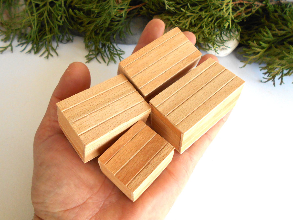 Four miniature rectangular wooden boxes with grooved sides, held in a person's hand against a white background with green foliage at the top.