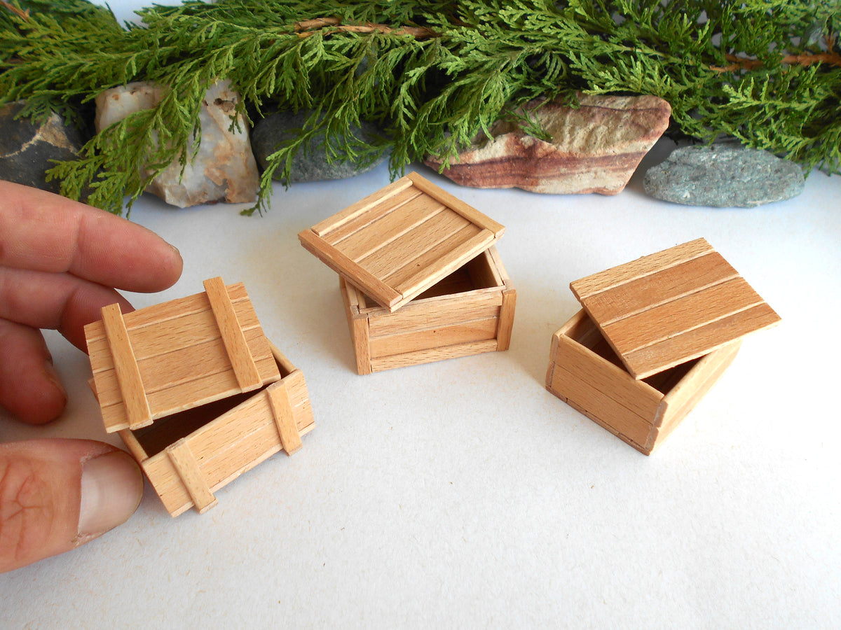 Three miniature light brown wooden boxes with lids, including one being held by a hand to show scale, set against a white background with green foliage and stones.