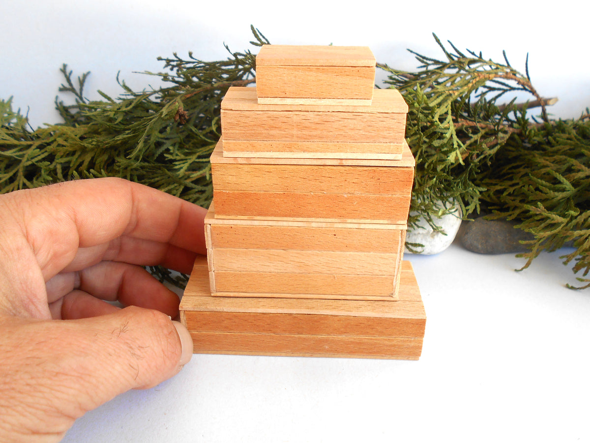 A hand holding a small wooden stack of four stacked rectangular miniature boxes made from light-colored wood, with green foliage in the background against a white surface.
