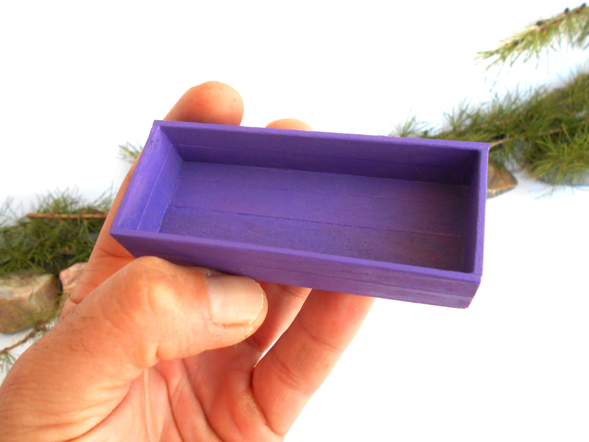 A hand holding a small rectangular purple box with an open top, shown against a white background with blurred green pine branches.