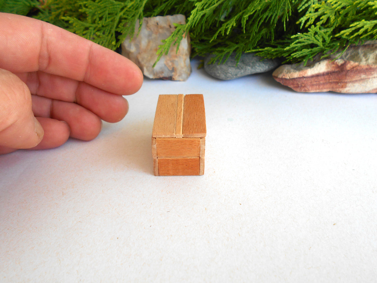 A miniature wooden box with a double-door design, shown next to a human hand for scale on a white surface with green foliage and decorative stones in the background.
