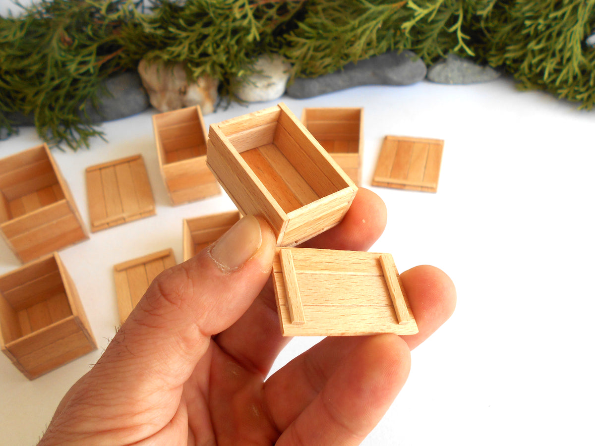 A hand holding a miniature light wood box with its lid off, with several other miniature wooden boxes scattered in the background on a white surface with decorative greenery.