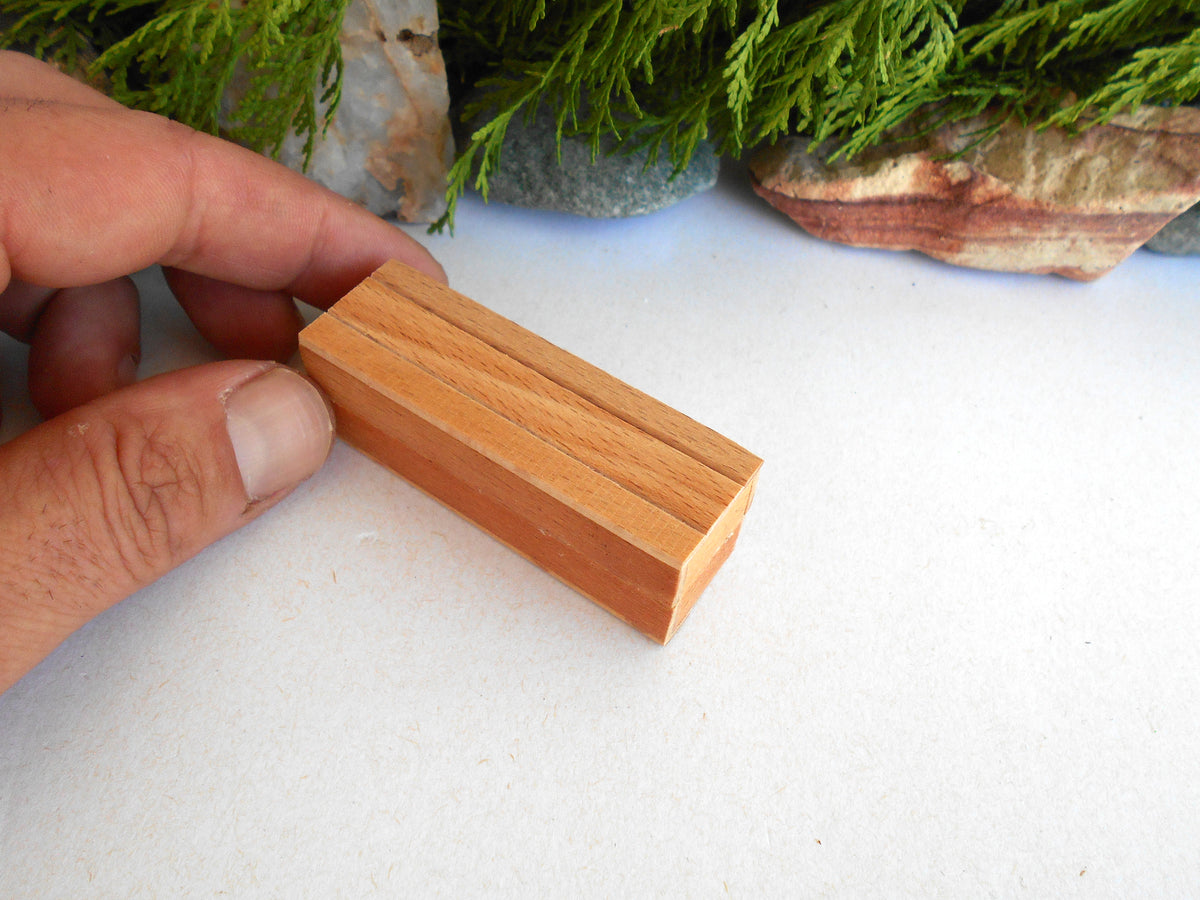 A hand holding a small rectangular wooden miniature box with visible wood grain, photographed against a white surface with greenery and rocks in the background.