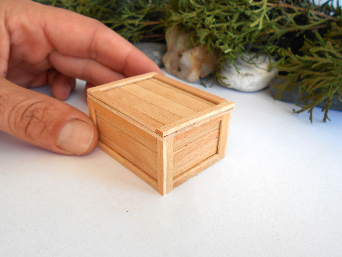A miniature light wood box with a slatted lid, held by a person's hand on a white surface with green foliage in the background.