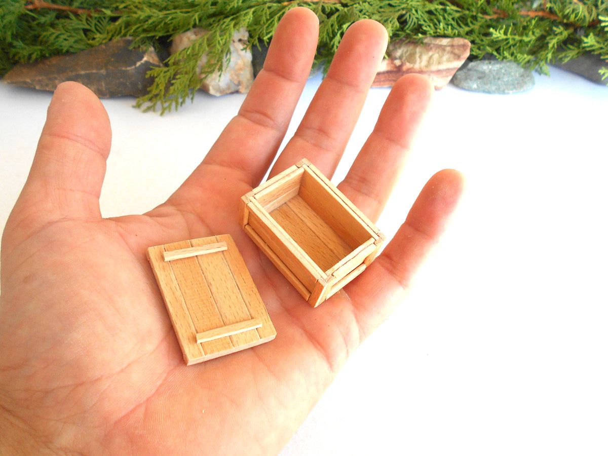 A miniature light wood box and its lid displayed on an open human hand, with a blurred background of green foliage and rocks.