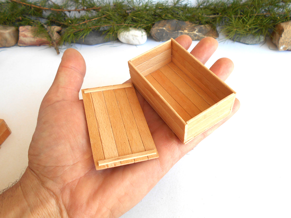 A miniature light wood box with its lid off, held in a person's hand. The box has a warm honey-toned wood grain and is photographed against a white surface with a blurred background of greenery and stones.