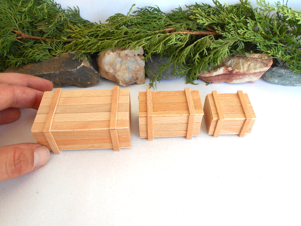 Three miniature wooden crates in different sizes arranged on a white surface, with a hand holding the largest crate for scale and green foliage and stones in the background.