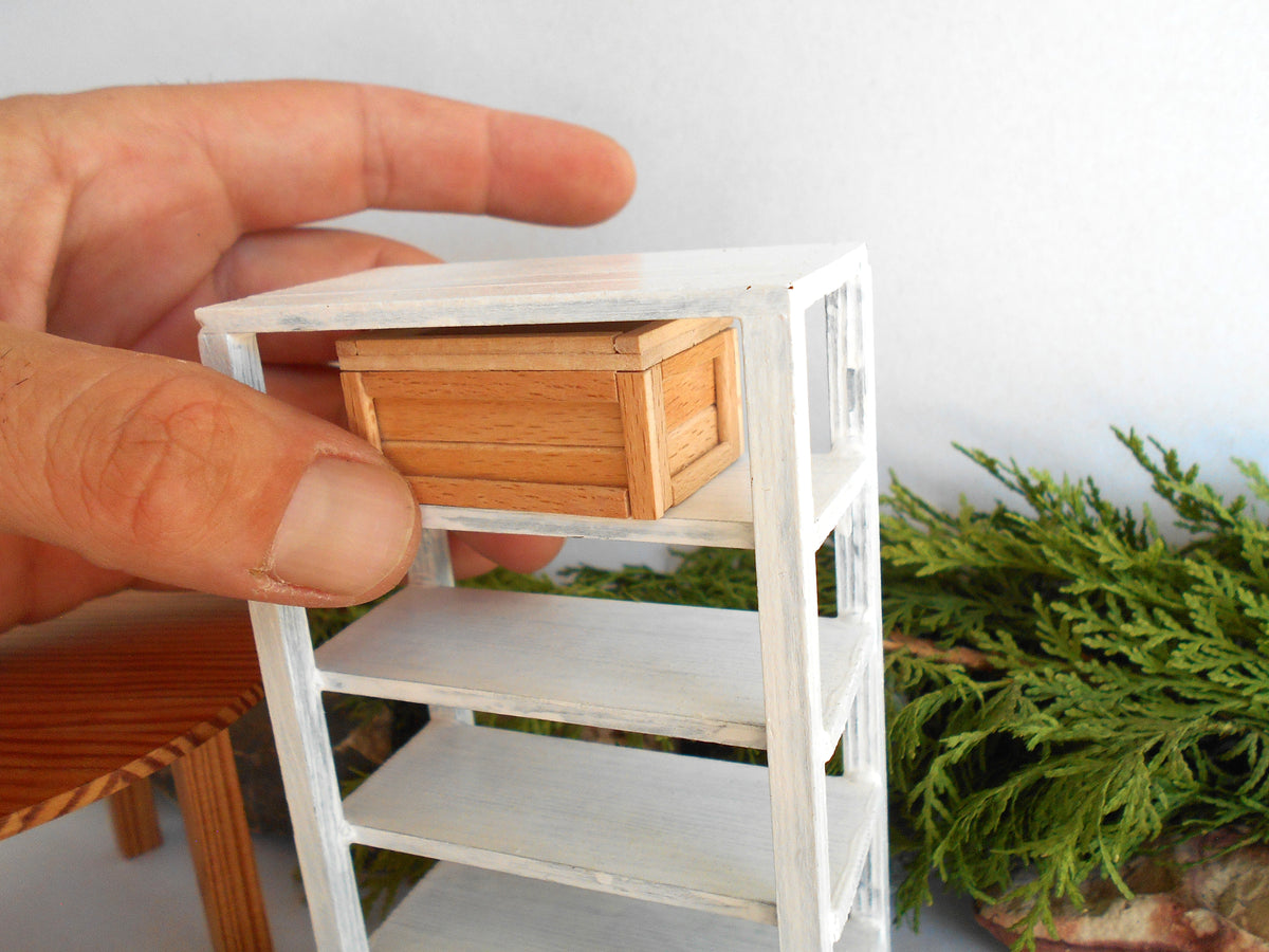 A miniature white shelving unit with a small wooden chest, shown with a hand holding it for scale against a white background with green foliage.