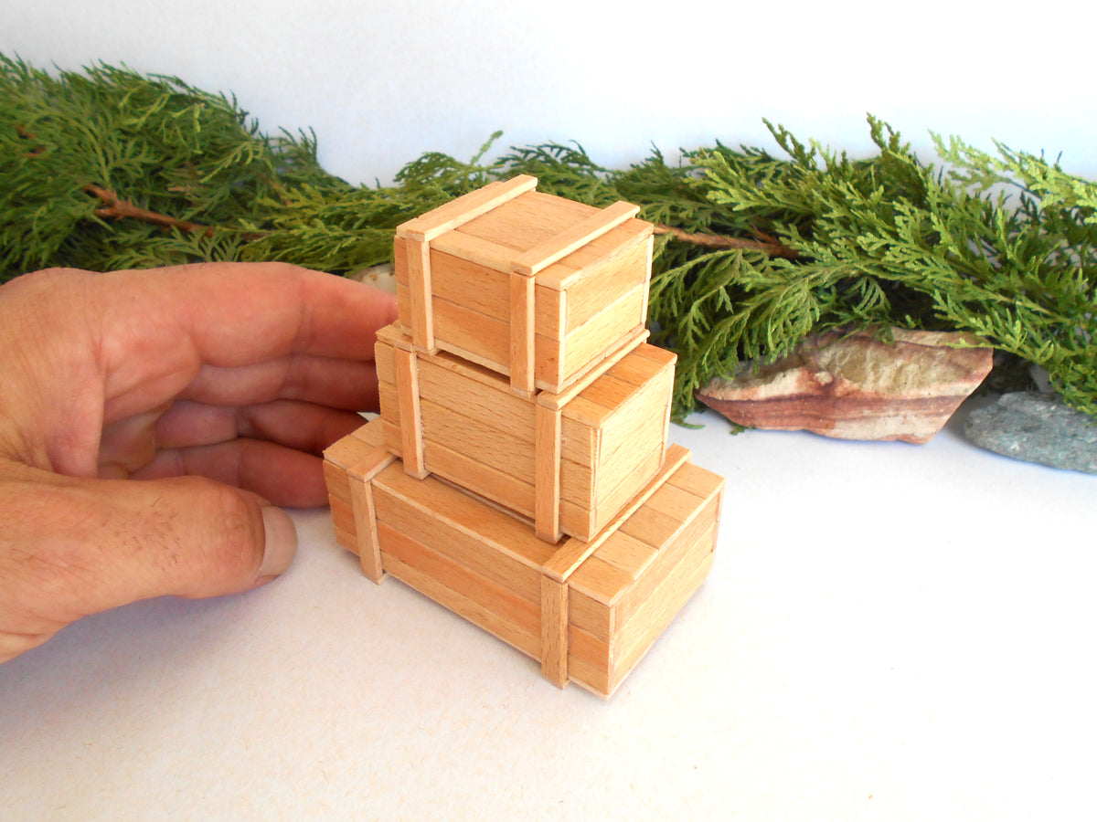 Three miniature wooden crates of different sizes displayed on a white surface with green foliage and rocks in the background. A hand is holding the smallest crate on the left.