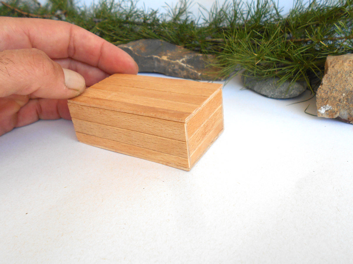 A hand holding a small, rectangular wooden box with a light natural wood finish, set against a white surface with pine branches and rocks in the background.