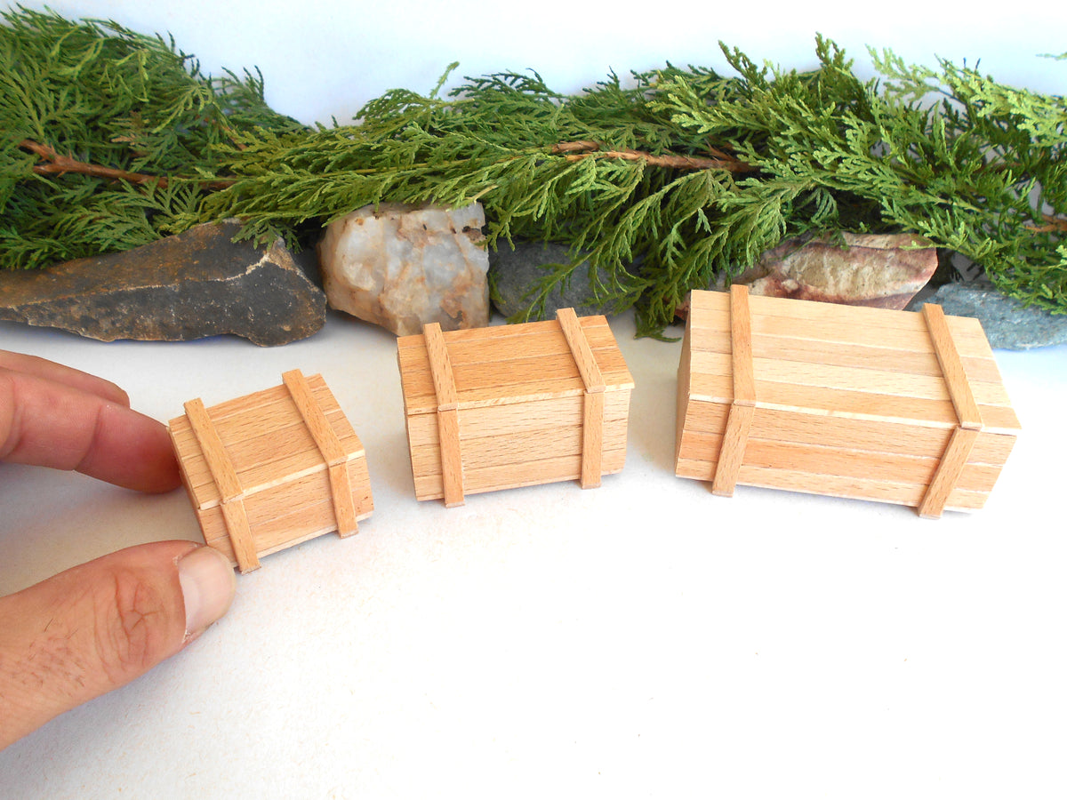 Three miniature wooden crates of different sizes displayed on a white surface with green foliage and rocks in the background. A hand is holding the smallest crate on the left.