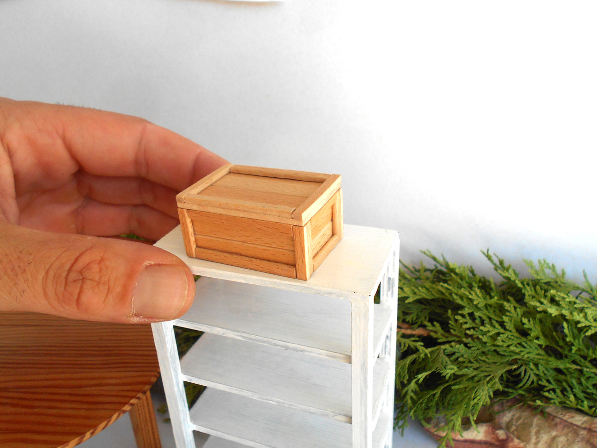 A miniature light wood box being held by a hand on top of a small white shelf, with a green plant and wooden table in the background.