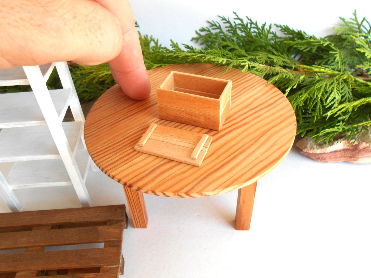 A miniature wooden round table with a small wooden box and lid, shown with a human hand pointing at it, alongside green foliage and a white ladder in the background.